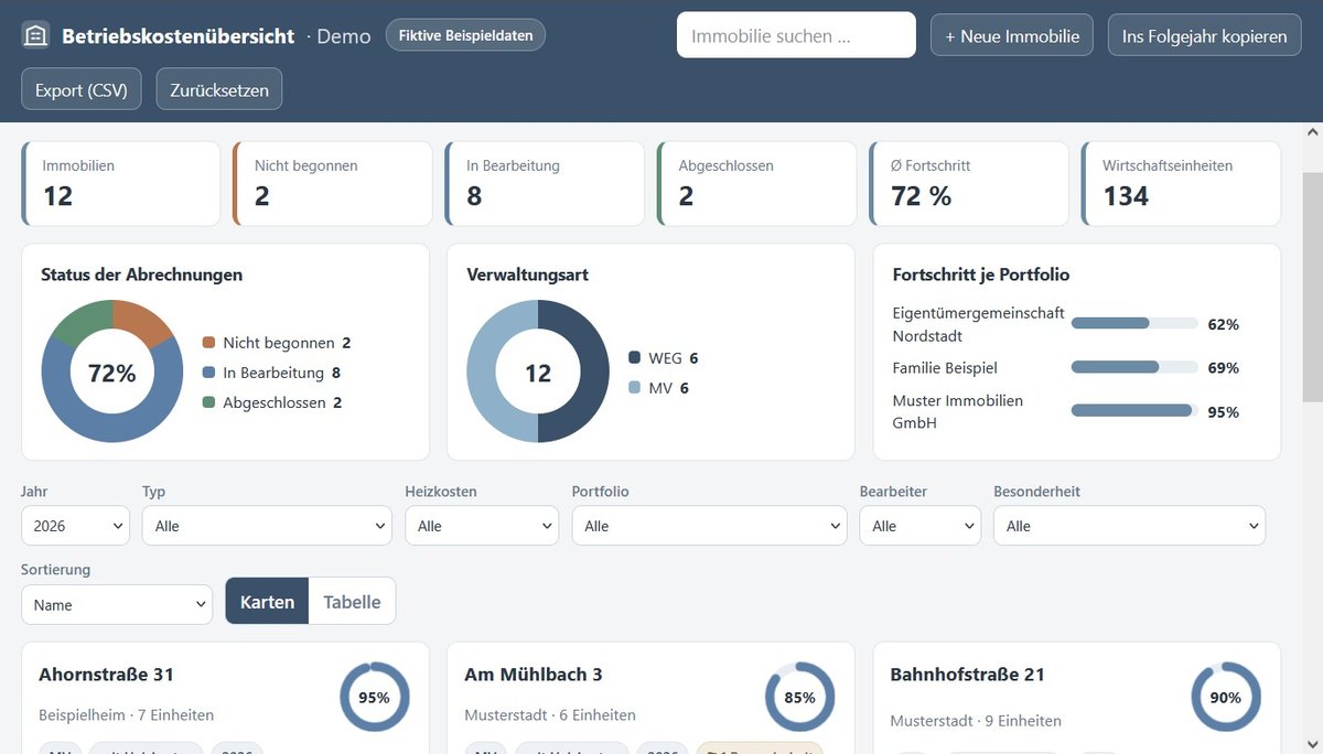 ollify Immobilien-App Betriebskosten: Status der Abrechnungen, Fortschritt je Portfolio und Immobilien-Karten mit Bearbeitungsstand