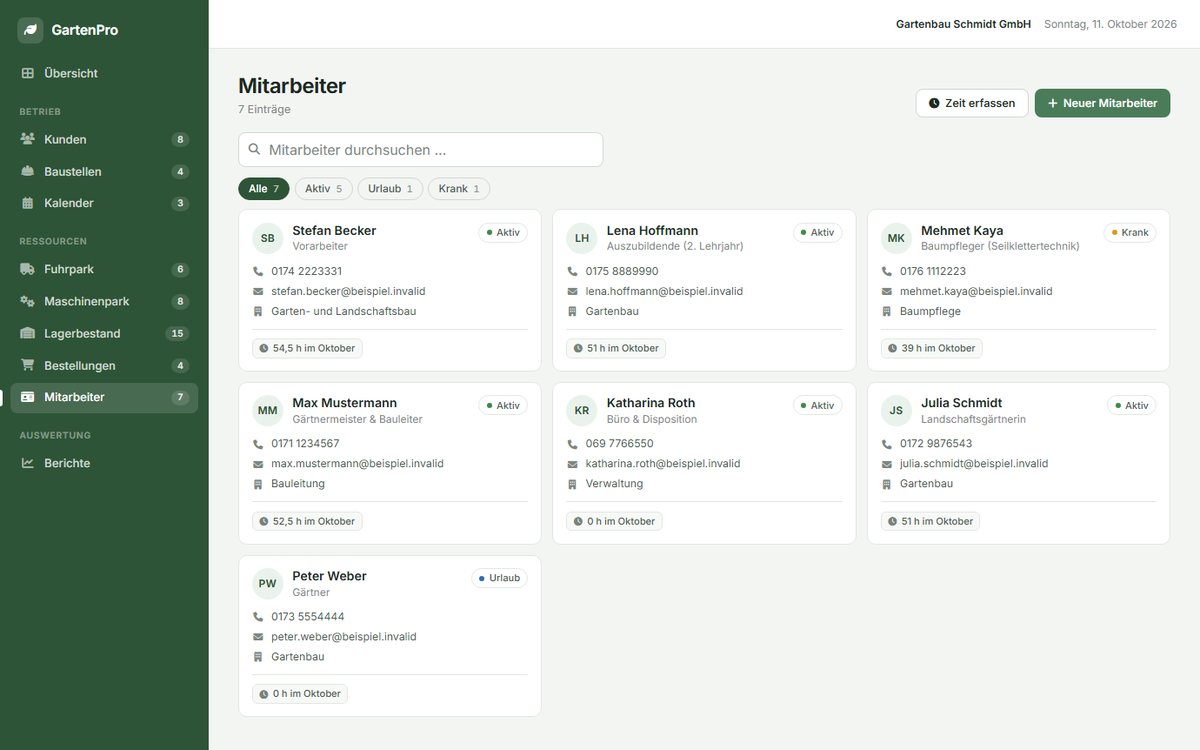 ollify Gartenbau-Software: Mitarbeiterübersicht mit Status, Kontakt und Monatsstunden