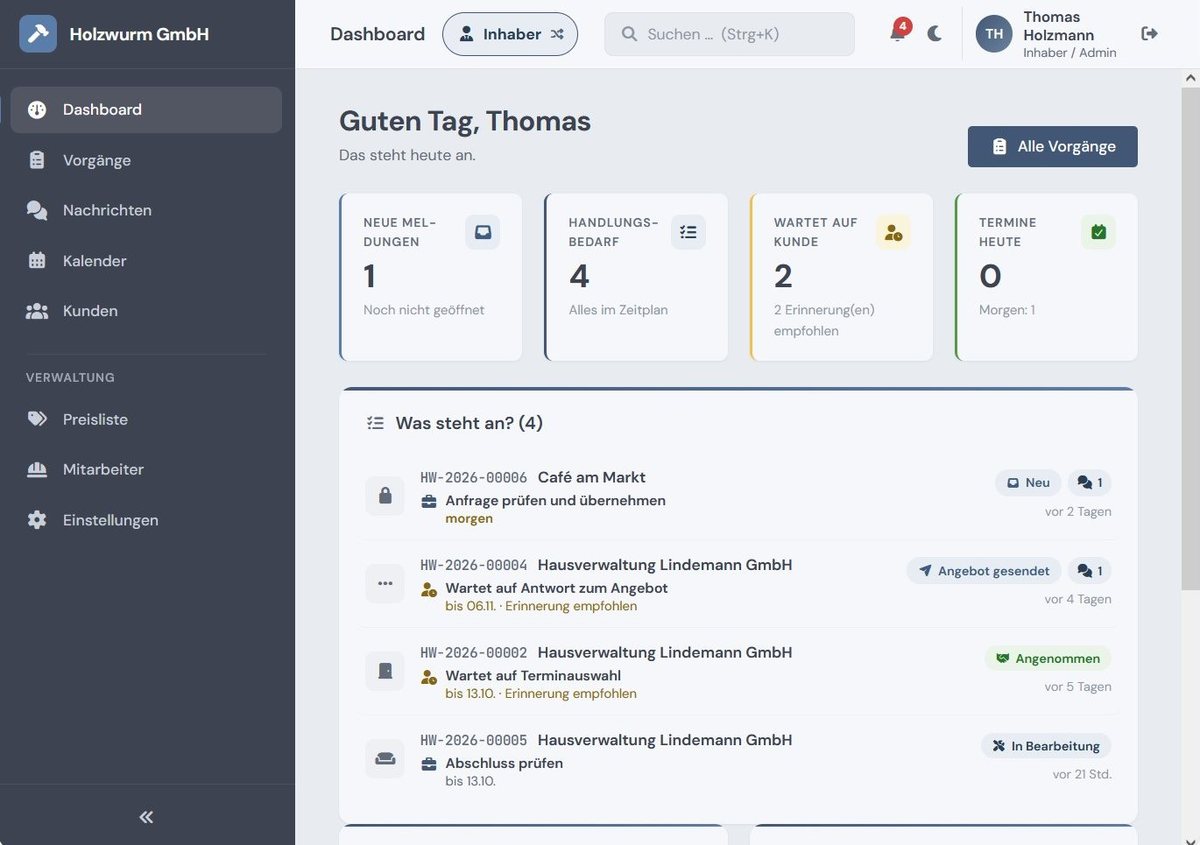 ollify Handwerker-App: Inhaber-Dashboard mit neuen Meldungen, Handlungsbedarf, Terminen und offenen Vorgängen