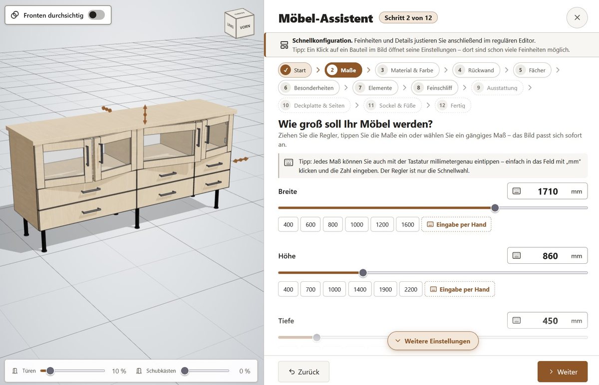 3D-Möbelkonfigurator von ollify: Sideboard als 3D-Modell mit Maßreglern für Breite, Höhe und Tiefe