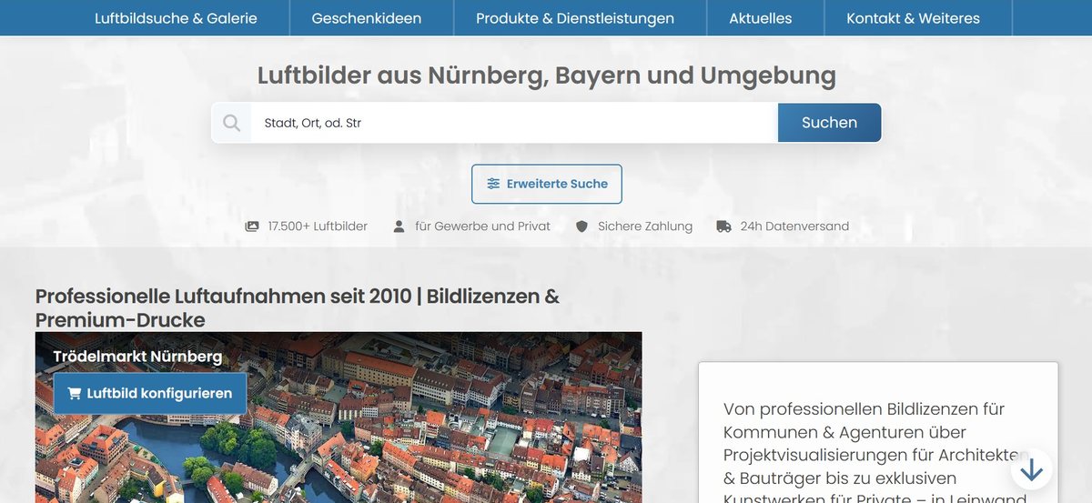 E-Shop-Konfigurator für Shopify am Beispiel digitale-luftbilder.de: Luftbildsuche, Navigation und Startseite mit Konfigurator-Button